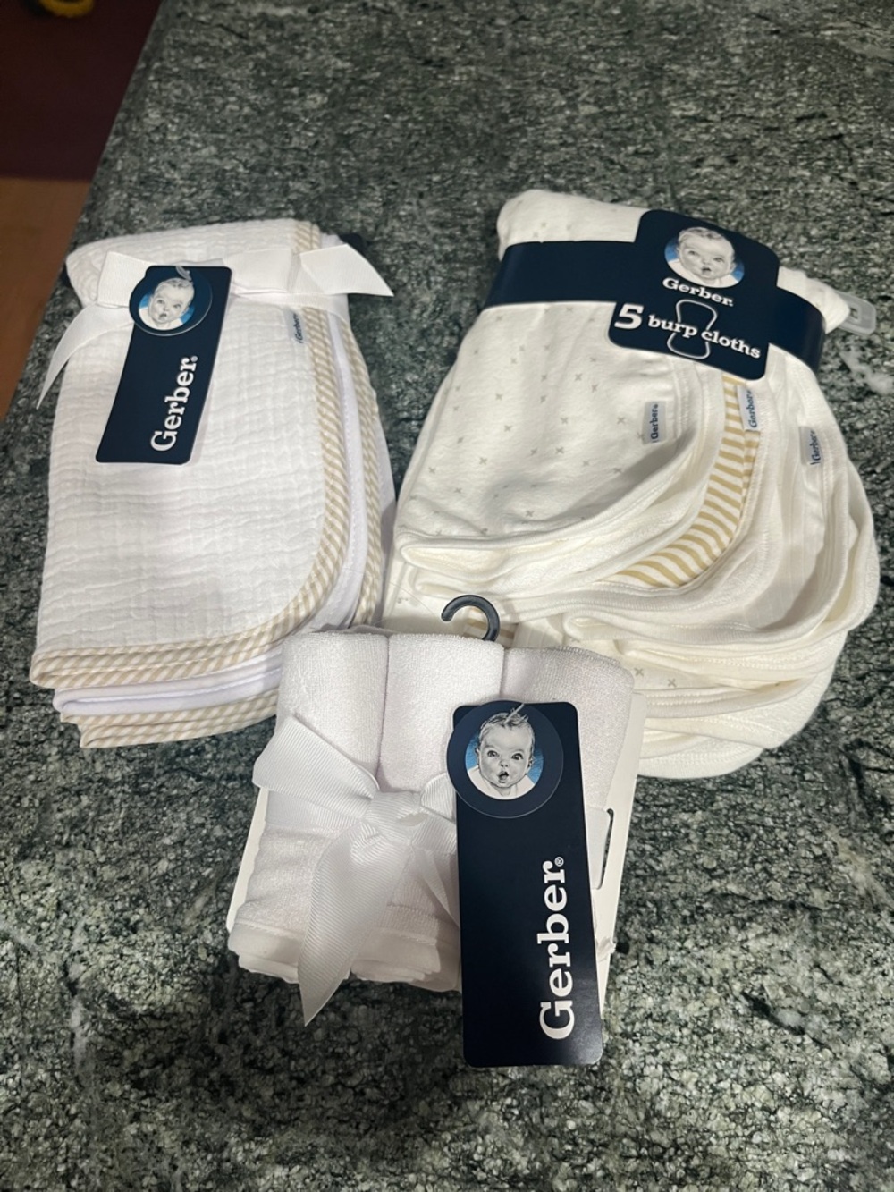 Gerber White Baby Burp Cloths sets & Washcloth Set with Beige Trim